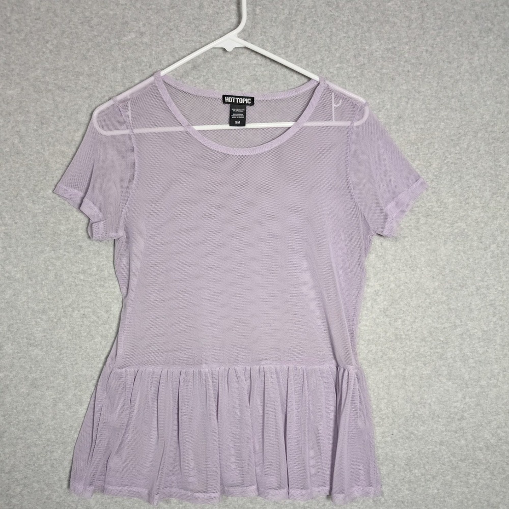 Hot Topic Mesh Top Lavender Purple Sheer Peplum Short Sleeve Small‎ Layering